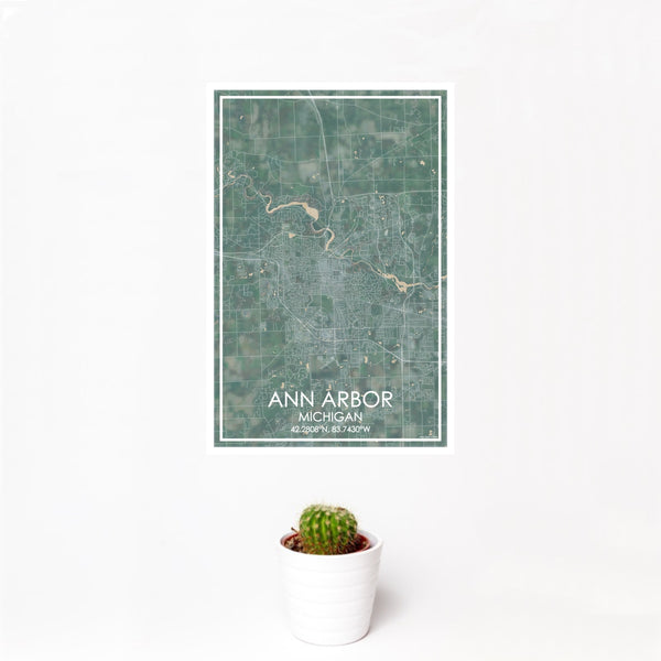 12x18 Ann Arbor Michigan Map Print Portrait Orientation in Afternoon Style With Small Cactus Plant in White Planter