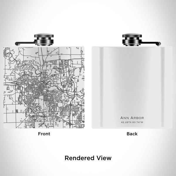 Rendered View of Ann Arbor Michigan Map Engraving on 6oz Stainless Steel Flask in White