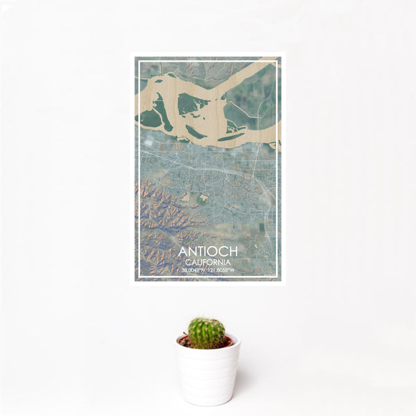 12x18 Antioch California Map Print Portrait Orientation in Afternoon Style With Small Cactus Plant in White Planter