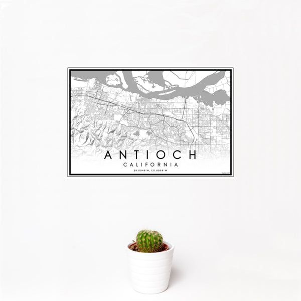 12x18 Antioch California Map Print Landscape Orientation in Classic Style With Small Cactus Plant in White Planter