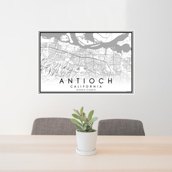 24x36 Antioch California Map Print Lanscape Orientation in Classic Style Behind 2 Chairs Table and Potted Plant