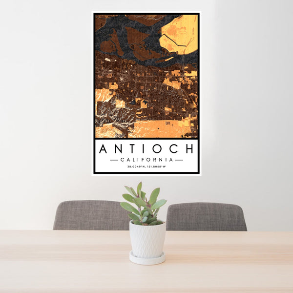 24x36 Antioch California Map Print Portrait Orientation in Ember Style Behind 2 Chairs Table and Potted Plant