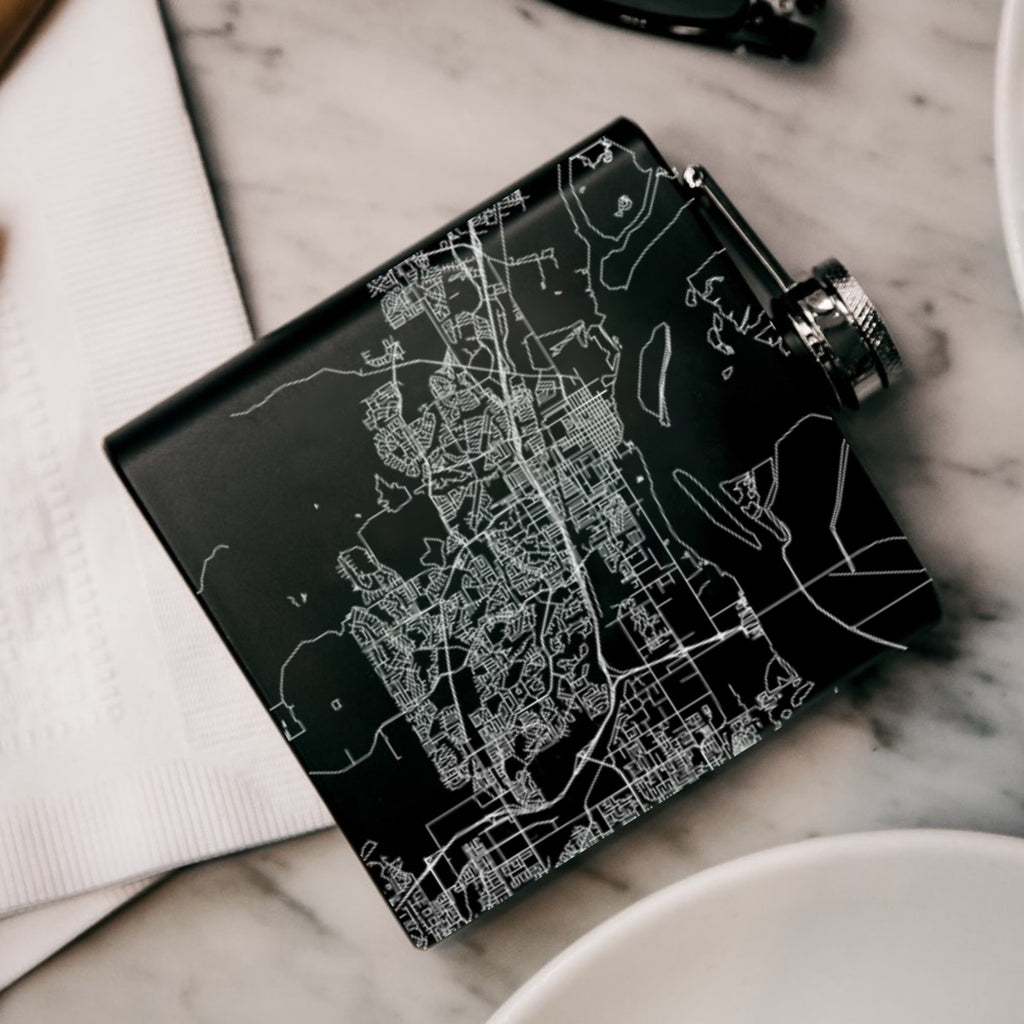 Antioch California Custom Engraved City Map Inscription Coordinates on 6oz Stainless Steel Flask in Black