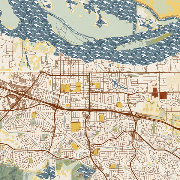 Antioch California Map Print in Woodblock Style Zoomed In Close Up Showing Details