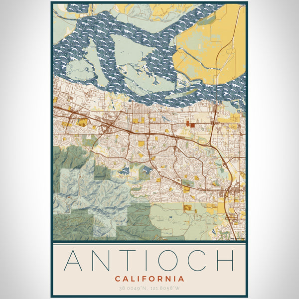 Antioch California Map Print Portrait Orientation in Woodblock Style With Shaded Background