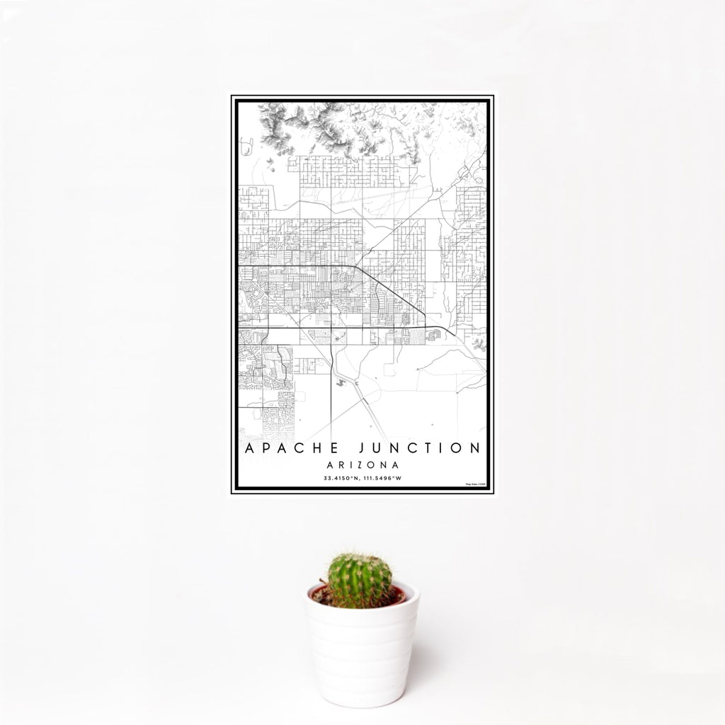 12x18 Apache Junction Arizona Map Print Portrait Orientation in Classic Style With Small Cactus Plant in White Planter