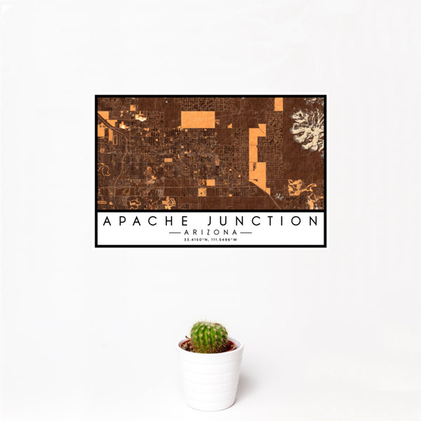 12x18 Apache Junction Arizona Map Print Landscape Orientation in Ember Style With Small Cactus Plant in White Planter