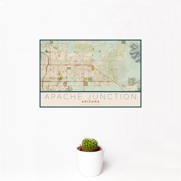 12x18 Apache Junction Arizona Map Print Landscape Orientation in Woodblock Style With Small Cactus Plant in White Planter