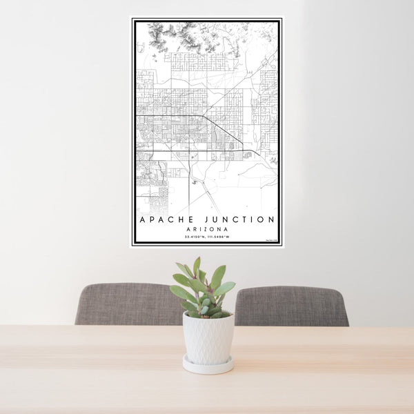 24x36 Apache Junction Arizona Map Print Portrait Orientation in Classic Style Behind 2 Chairs Table and Potted Plant