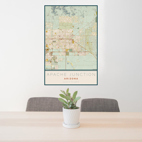 24x36 Apache Junction Arizona Map Print Portrait Orientation in Woodblock Style Behind 2 Chairs Table and Potted Plant