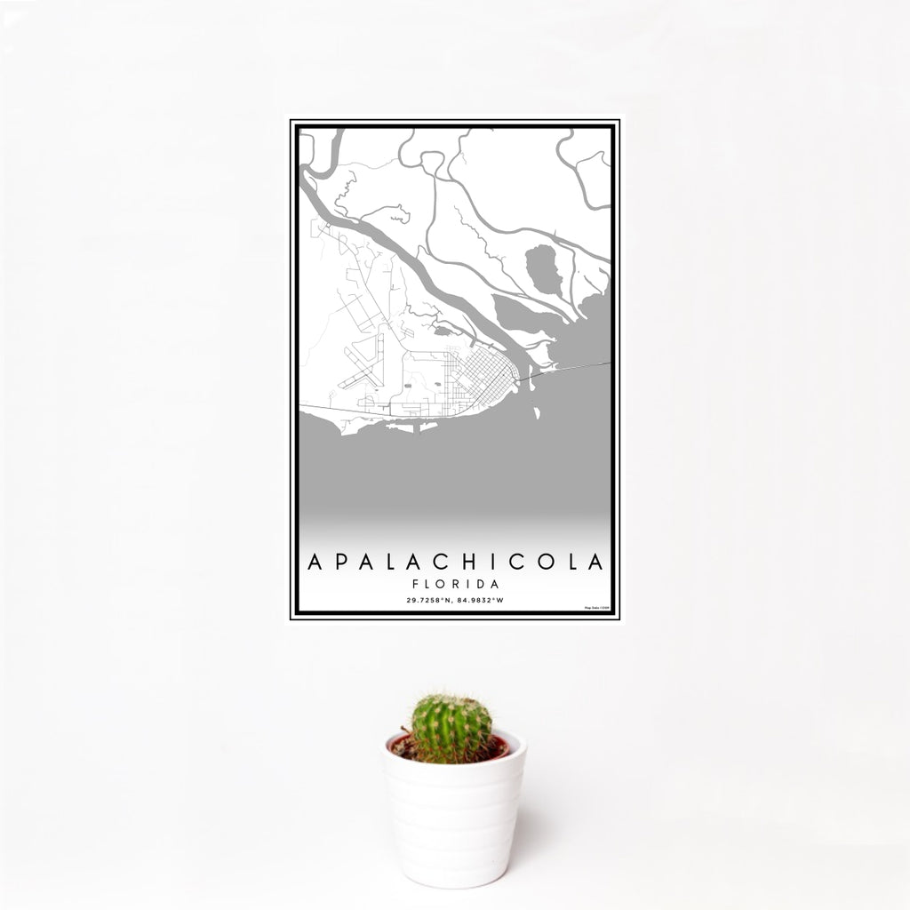 12x18 Apalachicola Florida Map Print Portrait Orientation in Classic Style With Small Cactus Plant in White Planter