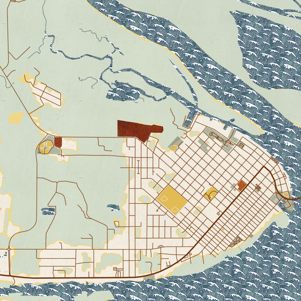 Apalachicola Florida Map Print in Woodblock Style Zoomed In Close Up Showing Details
