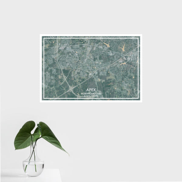 16x24 Apex North Carolina Map Print Landscape Orientation in Afternoon Style With Tropical Plant Leaves in Water