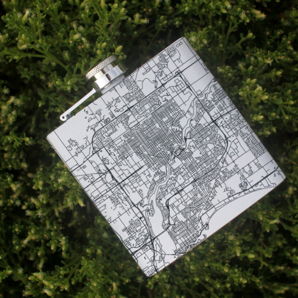 Appleton Wisconsin Custom Engraved City Map Inscription Coordinates on 6oz Stainless Steel Flask in White