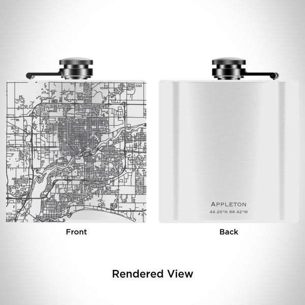 Rendered View of Appleton Wisconsin Map Engraving on 6oz Stainless Steel Flask in White