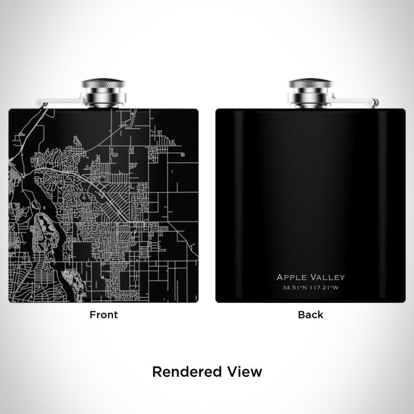 Rendered View of Apple Valley California Map Engraving on 6oz Stainless Steel Flask in Black