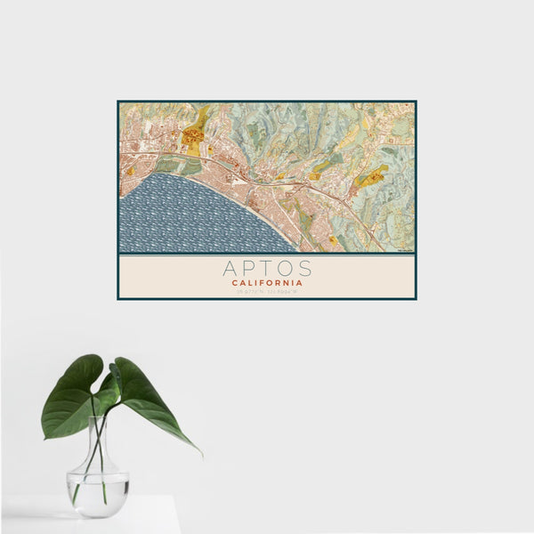 16x24 Aptos California Map Print Landscape Orientation in Woodblock Style With Tropical Plant Leaves in Water