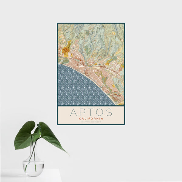 16x24 Aptos California Map Print Portrait Orientation in Woodblock Style With Tropical Plant Leaves in Water