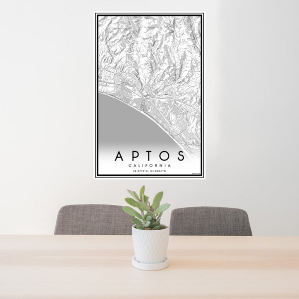 24x36 Aptos California Map Print Portrait Orientation in Classic Style Behind 2 Chairs Table and Potted Plant