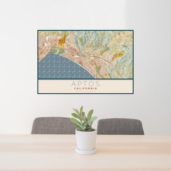 24x36 Aptos California Map Print Lanscape Orientation in Woodblock Style Behind 2 Chairs Table and Potted Plant