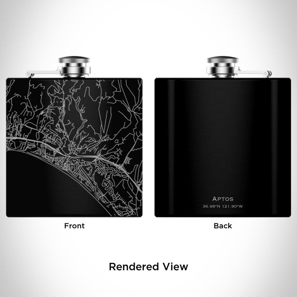 Rendered View of Aptos California Map Engraving on 6oz Stainless Steel Flask in Black