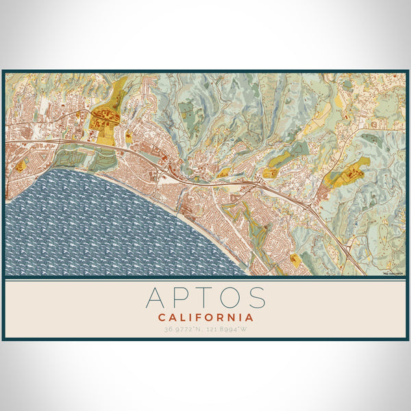 Aptos California Map Print Landscape Orientation in Woodblock Style With Shaded Background