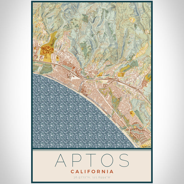 Aptos California Map Print Portrait Orientation in Woodblock Style With Shaded Background