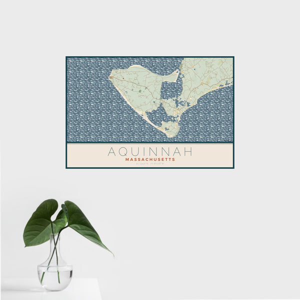 16x24 Aquinnah Massachusetts Map Print Landscape Orientation in Woodblock Style With Tropical Plant Leaves in Water