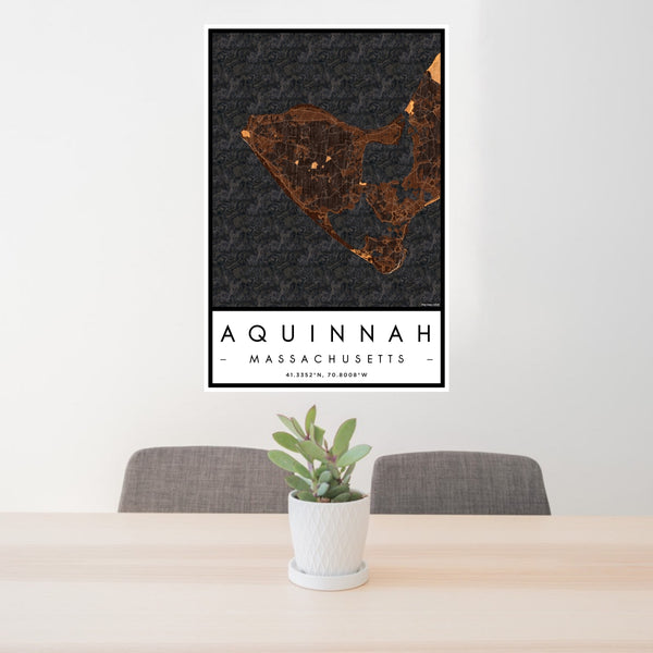 24x36 Aquinnah Massachusetts Map Print Portrait Orientation in Ember Style Behind 2 Chairs Table and Potted Plant