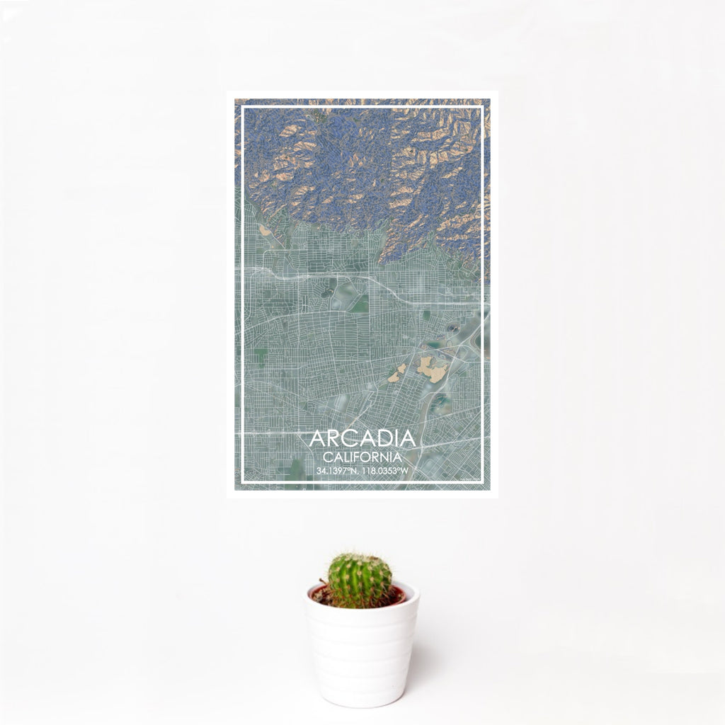 12x18 Arcadia California Map Print Portrait Orientation in Afternoon Style With Small Cactus Plant in White Planter