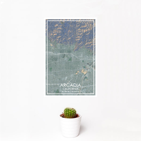 12x18 Arcadia California Map Print Portrait Orientation in Afternoon Style With Small Cactus Plant in White Planter