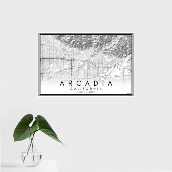 16x24 Arcadia California Map Print Landscape Orientation in Classic Style With Tropical Plant Leaves in Water