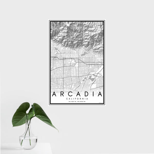 16x24 Arcadia California Map Print Portrait Orientation in Classic Style With Tropical Plant Leaves in Water