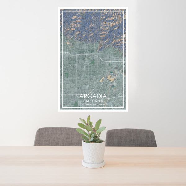 24x36 Arcadia California Map Print Portrait Orientation in Afternoon Style Behind 2 Chairs Table and Potted Plant