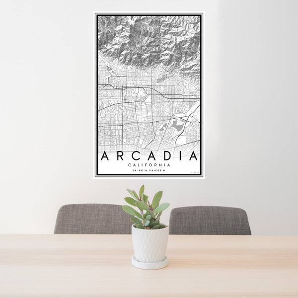 24x36 Arcadia California Map Print Portrait Orientation in Classic Style Behind 2 Chairs Table and Potted Plant