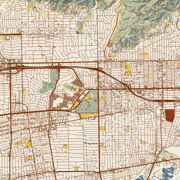 Arcadia California Map Print in Woodblock Style Zoomed In Close Up Showing Details