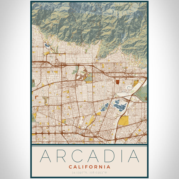 Arcadia California Map Print Portrait Orientation in Woodblock Style With Shaded Background