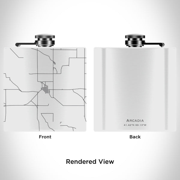 Rendered View of Arcadia Nebraska Map Engraving on 6oz Stainless Steel Flask in White