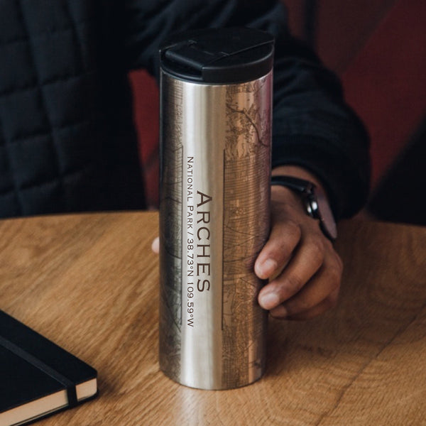 Arches National Park Custom Engraved City Map Inscription Coordinates on 17oz Stainless Steel Insulated Tumbler