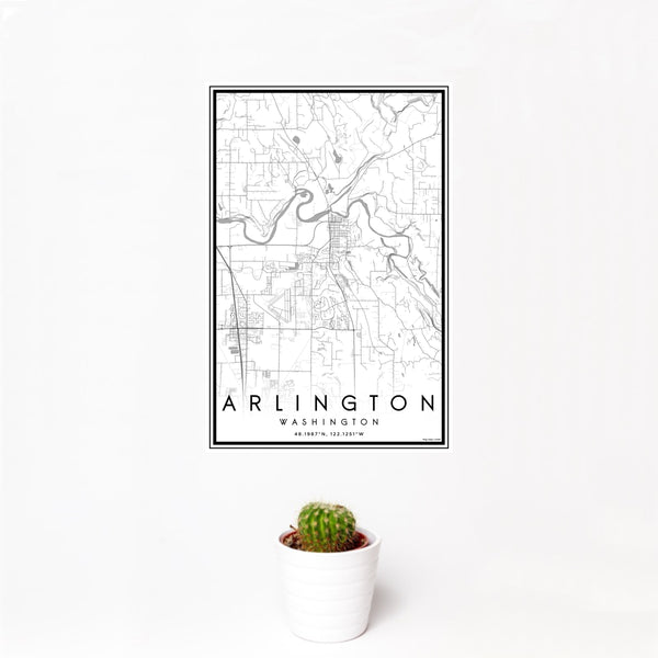 12x18 Arlington Washington Map Print Portrait Orientation in Classic Style With Small Cactus Plant in White Planter