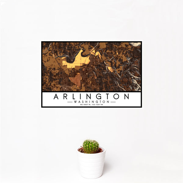 12x18 Arlington Washington Map Print Landscape Orientation in Ember Style With Small Cactus Plant in White Planter
