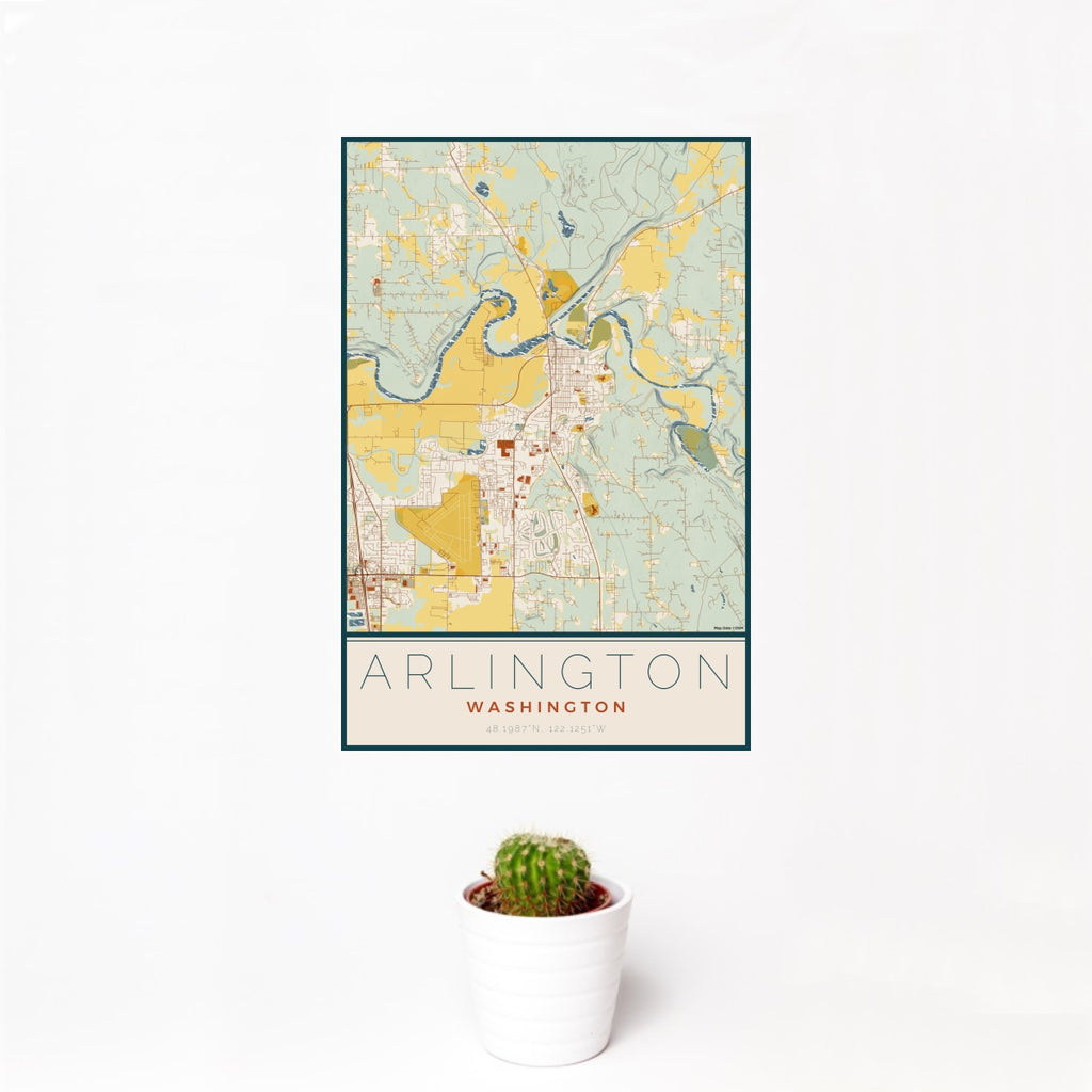12x18 Arlington Washington Map Print Portrait Orientation in Woodblock Style With Small Cactus Plant in White Planter