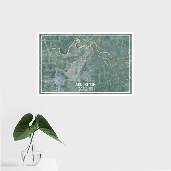 16x24 Arlington Washington Map Print Landscape Orientation in Afternoon Style With Tropical Plant Leaves in Water