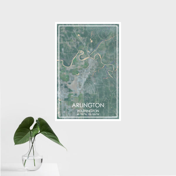 16x24 Arlington Washington Map Print Portrait Orientation in Afternoon Style With Tropical Plant Leaves in Water