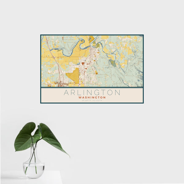 16x24 Arlington Washington Map Print Landscape Orientation in Woodblock Style With Tropical Plant Leaves in Water