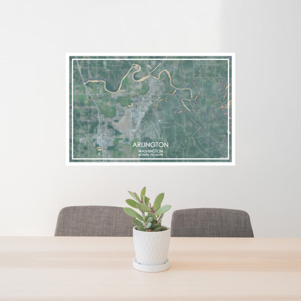 24x36 Arlington Washington Map Print Lanscape Orientation in Afternoon Style Behind 2 Chairs Table and Potted Plant