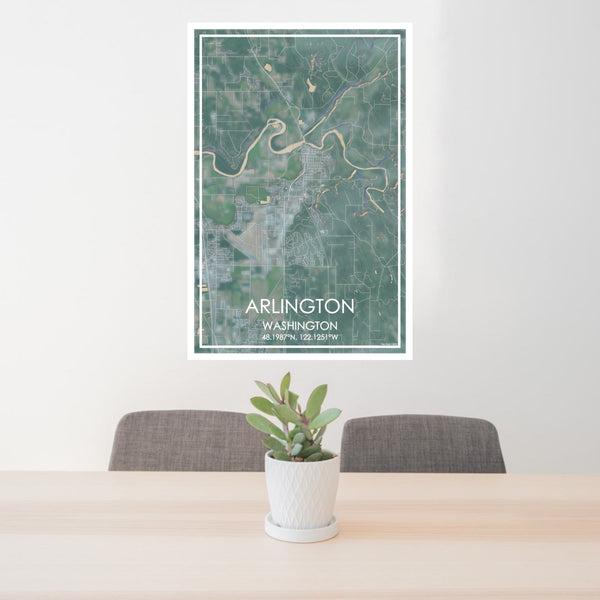 24x36 Arlington Washington Map Print Portrait Orientation in Afternoon Style Behind 2 Chairs Table and Potted Plant