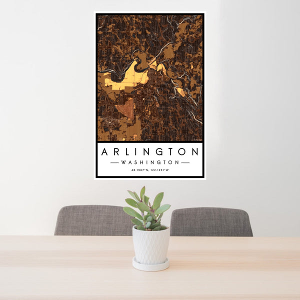 24x36 Arlington Washington Map Print Portrait Orientation in Ember Style Behind 2 Chairs Table and Potted Plant
