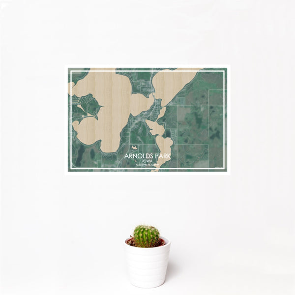 12x18 Arnolds Park Iowa Map Print Landscape Orientation in Afternoon Style With Small Cactus Plant in White Planter