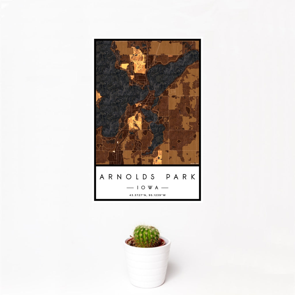 12x18 Arnolds Park Iowa Map Print Portrait Orientation in Ember Style With Small Cactus Plant in White Planter